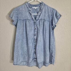 Jane and Delancey Lyocell Chambray Top Womens Small Ruffle Cap Sleeve Summer